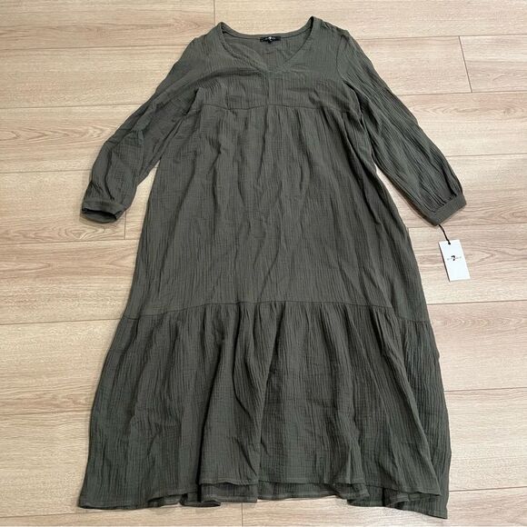 NWT 7 for All Mankind Cecelia Dress Gauzy Tiered Olive Green Midi Cotton Size S - Picture 2 of 6